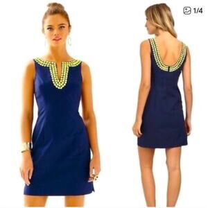 Lilly Pulitzer Blair Jacquard Sleeveless Dress Navy Blue Limoncello Beading 4